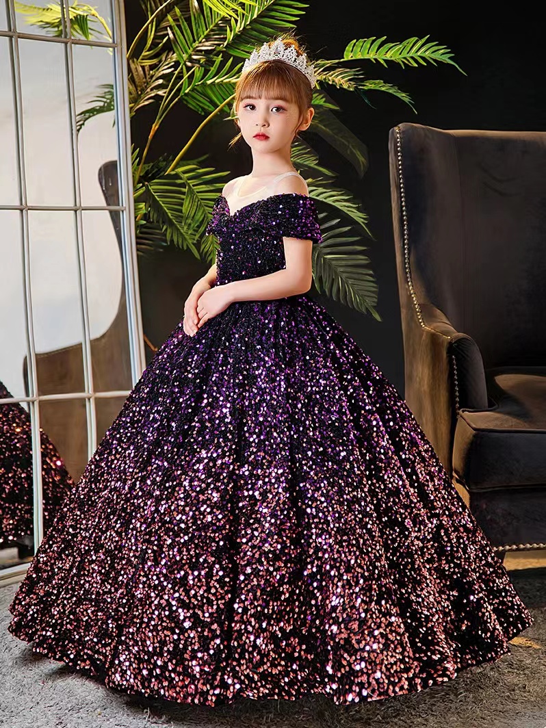 Arabic Princess Flower Girls Dresses 3D sequined blingbling purple Baby Toddler Girls Adorable Kids Birthday First Holy Communion Dresses 2023 christm