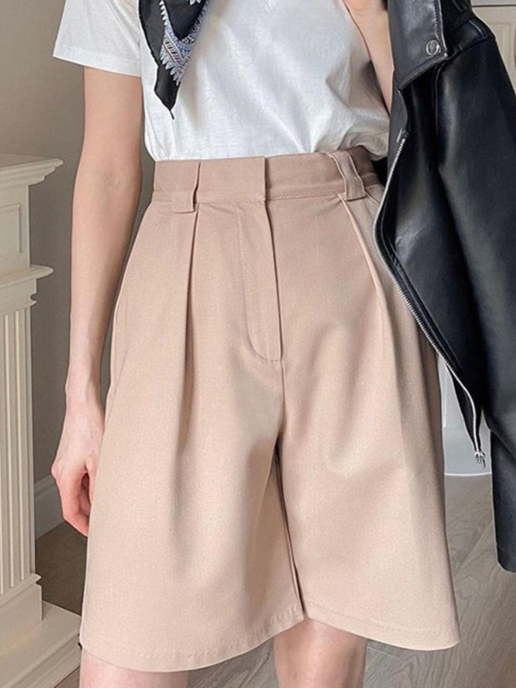 Women's Shorts Women's Summer Shorts Long with High Waist Female Loose White Classic Knee-Length Office Wide Women's Shorts Black Candy