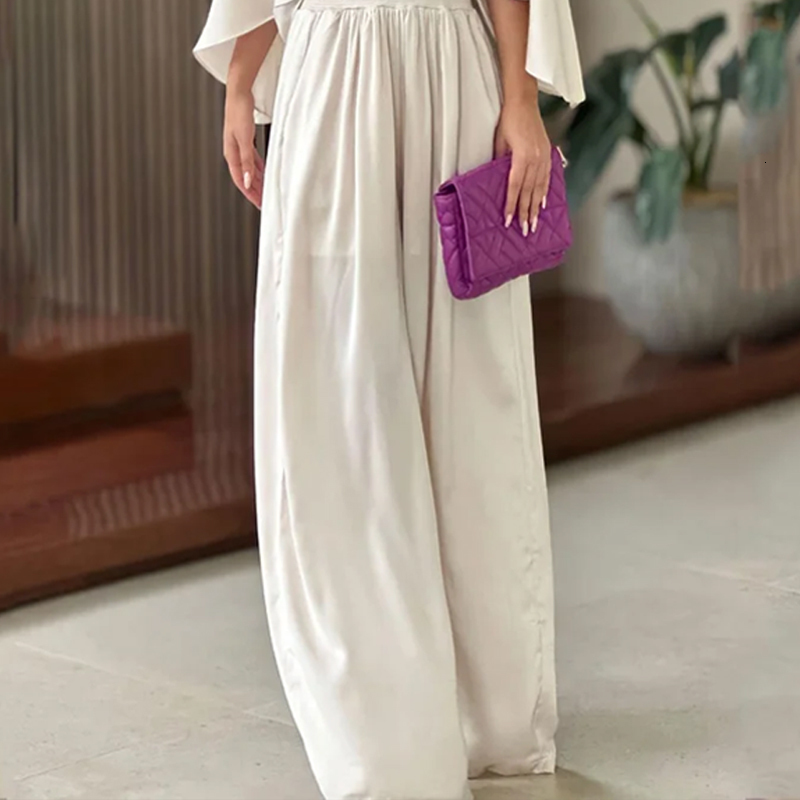 Women's Two Piece Pants LIYONG Women Jumpsuit Sexy V Neck Solid Color Bat Long Sleeve Nipped Waist Loose Wide Legs Casual Pants Romper High Stree