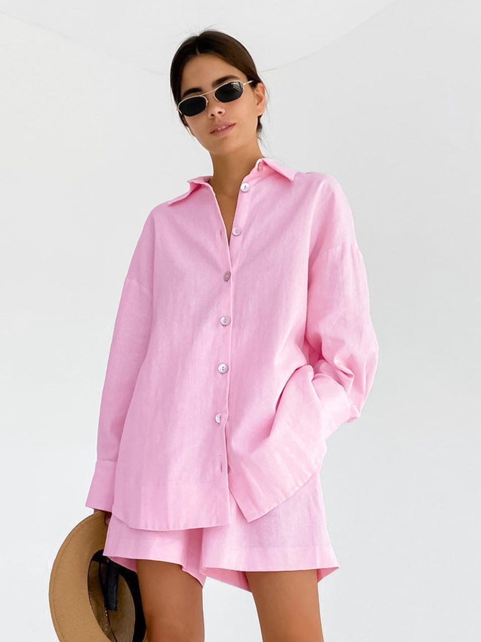 Women's Sleepwear Linad Loose Women's Home Clothes 2 Piece Sets Pink Long Sleeve Sleepwear Female Casual Suits With Shorts Spring Solid 2305