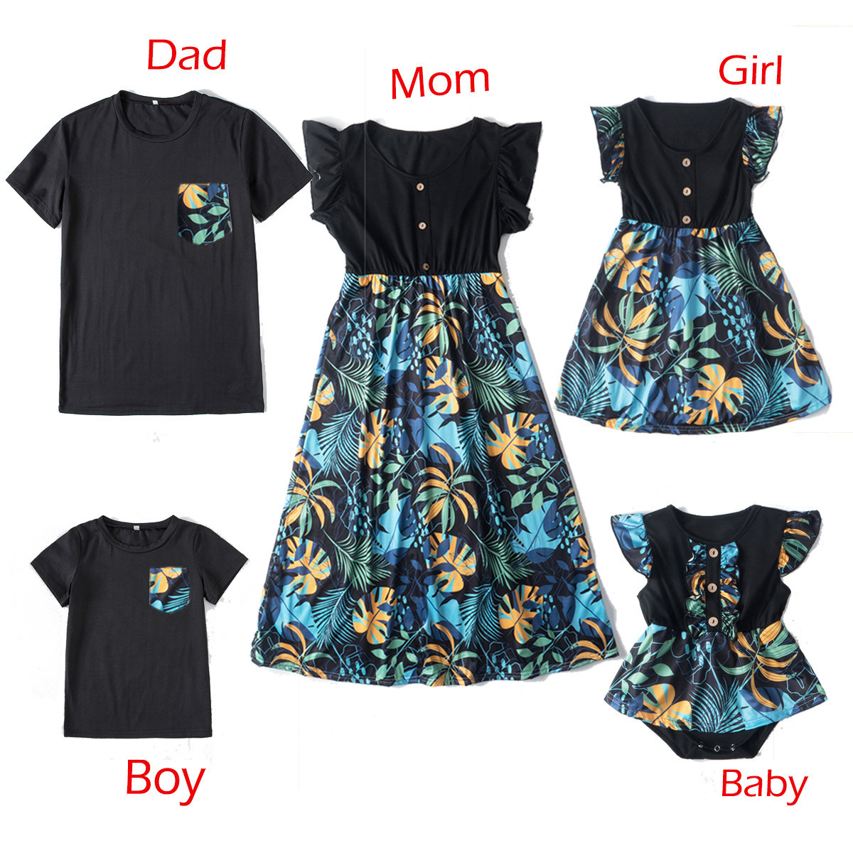 Family Matching Outfits Hiheart Mom And Daughter Dresses Fluttersleeve Dad Son TShirts Short Sleeve Floral Print Look 230512