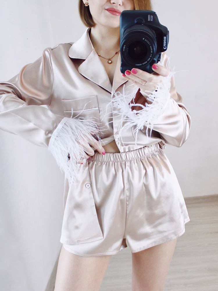 Women's Sleepwear Pajamas For Women 2 Piece Set Feathers Long Sleeve Turn Down Collar Sleepwear Autumn Casual Night Suits With Shorts Satin 23051