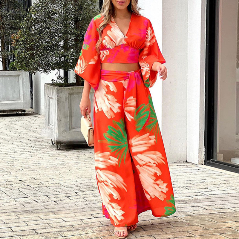 Women's Two Piece Pants Summer Women Printed Casual Versatile Suit V-Neck Short Top High Waist Wide Leg Pants Fashion Two Piece Set Women Clothin