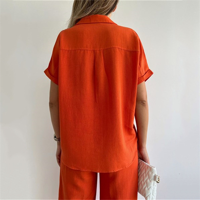 Women's Two Piece Pants Cotton Linen Women Elegant Two Piece Set Loose Short Sleeve Blouses and High Waist Wide Leg Pants Suit Female Casual Outf