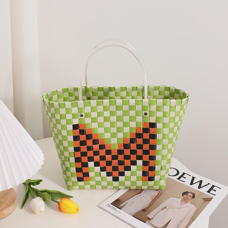 Evening Bags Color Woven Bag Niche Design Letter Hand-held Vegetable Basket Contrasting Hand-carrying Shopping Women's