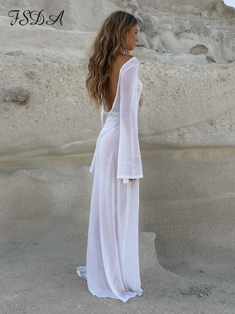 Casual Dresses FSDA Maxi Long Sleeve Women Dress Backless Club See Through Mesh Summer Sexy Party Beach Dresses Bodycon Casual 230512