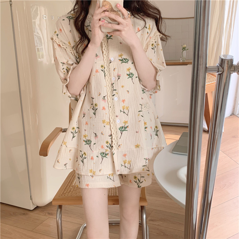 Women's Sleepwear Pajama Sets Lace Decoration Short Sleeve Women Summer Cotton Yarn Cherry Bear Print Cartoon Trendy Womens 2pcs Pyjamas Elegant 