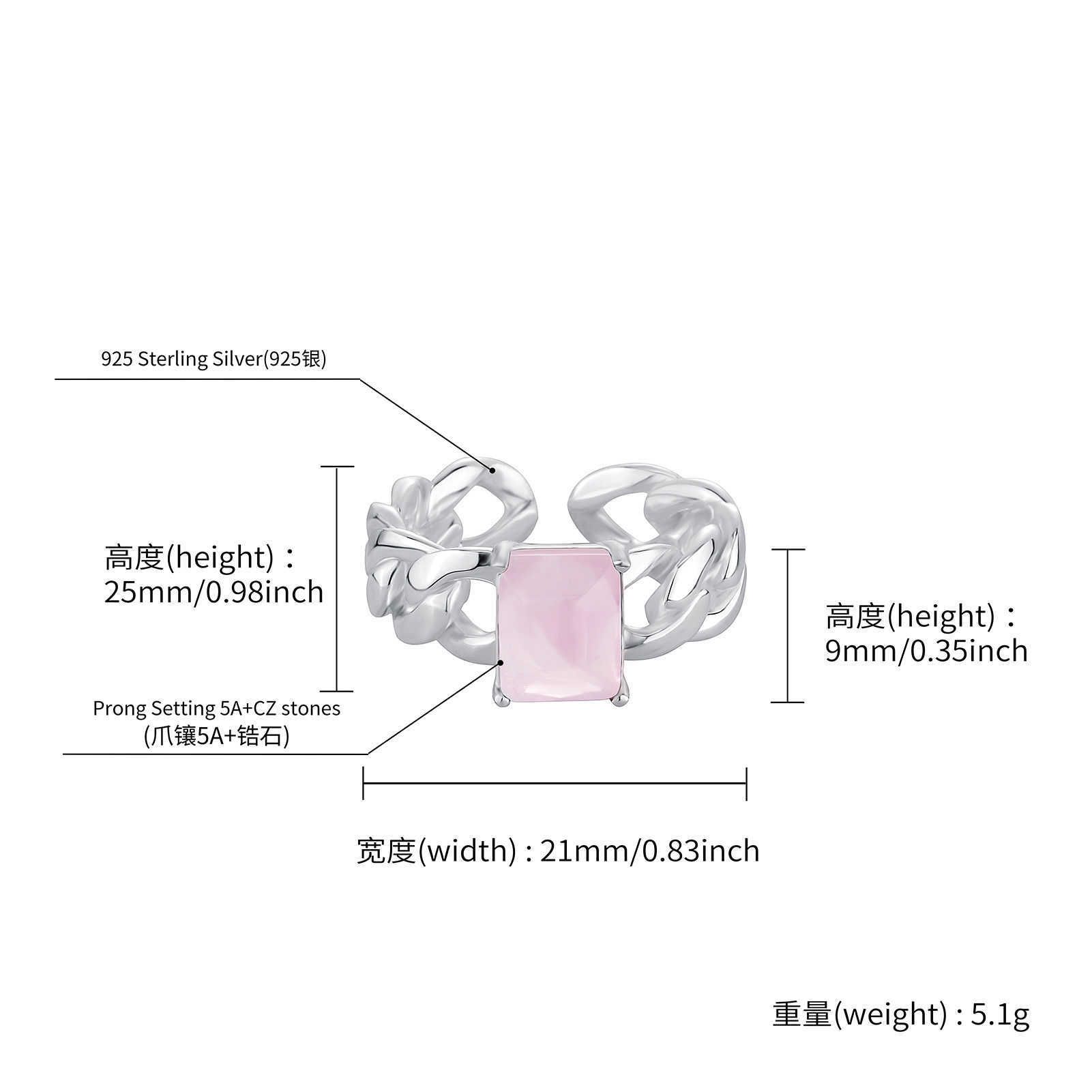 S925 Sterling Silver Square Natural Crystal Ring For Women Open Cuff Adjustable Hollow Cuban Chain Finger Band Rings Korean Style INS Niche Design Ope