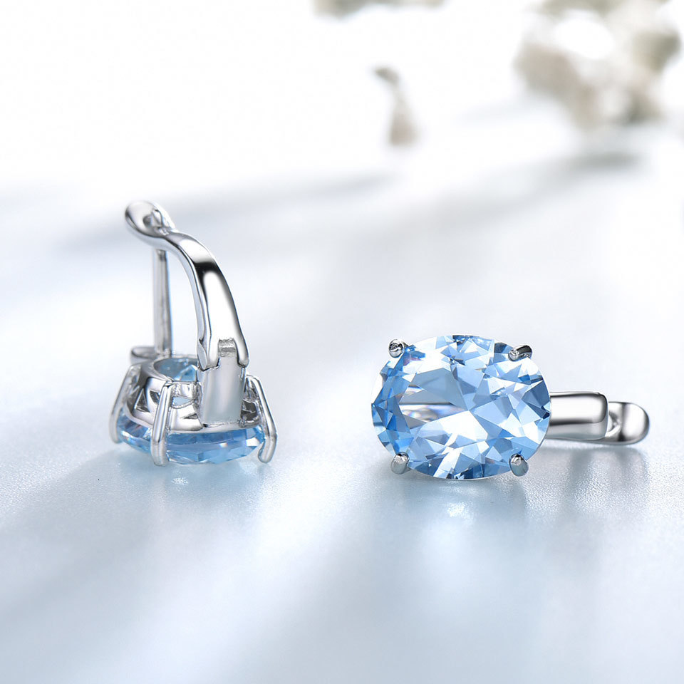 Ear Cuff UMCHO Blue Topaz Clip Style Women's Earrings Solid 925 Sterling Silver Jewelry Oval Gem Korean Earrings 230512