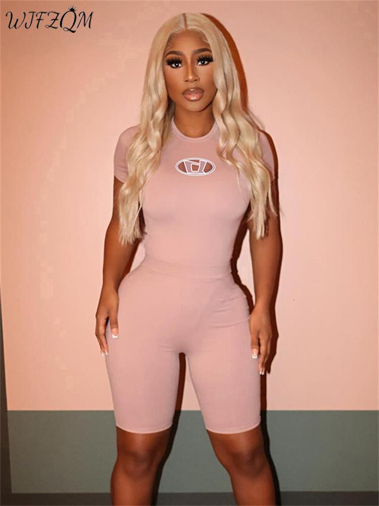 Women's Two Piece Pants WJFZQM Basic D Word Embroidered Short SleeveHigh Waist Tight Shorts Pink Two Piece Sets Summer Women's Casual Sports