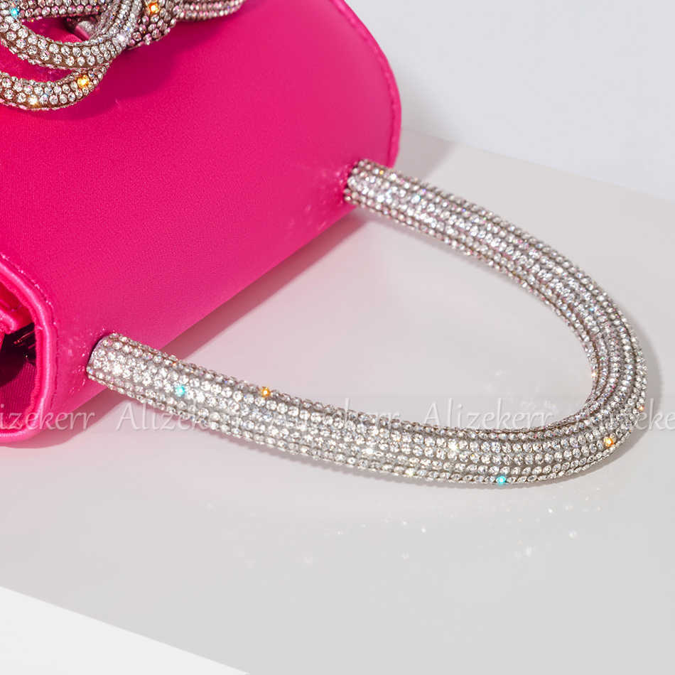 Shoulder Bag Rhinestone Bow Satin Handbags Elegant Boutique Crystal Top Handle Evening Clutch Purses Chain Crossbody Wedding Party 230509