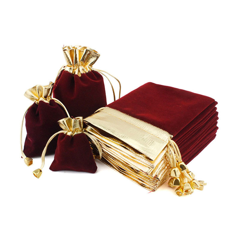Jewelry Pouches Bags 50Pcslot Velvet Bag Flannel Jewelry Sachet Gold Plated Packaging Bag Drawstring Gift Bag 3 Specifications 230512