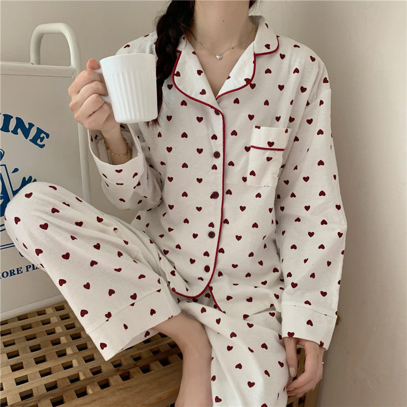 Women's Sleepwear Pajamas for Women Korean Heart Print Autumn Sleepwear Kawaii Pijamas 2 Piece Female Set Suit Whit Pants Pyjamas Loungewear