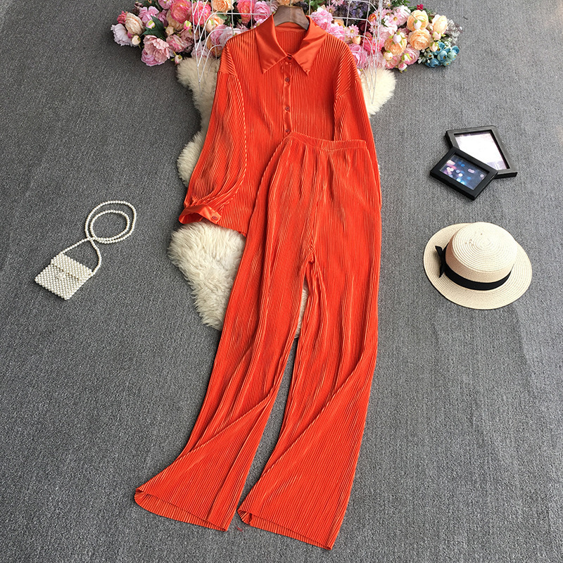 Women's Two Piece Pants Casual Women Elegant Pleated Two Piece Set Long Sleeve Shirt And Wide Leg Pant Suits Loose Office Lady Outfits Autumn