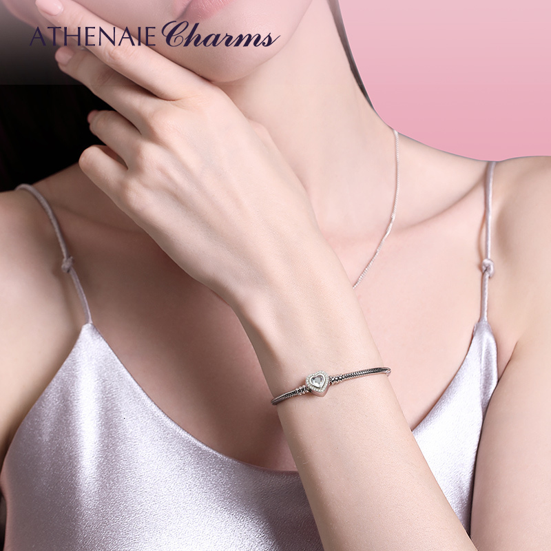 Chain Athena 100% 925 Sterling Silver Snake Chain Bracelet Bracelet with CZ Love Heart Buckle Charm Bracelet 230512