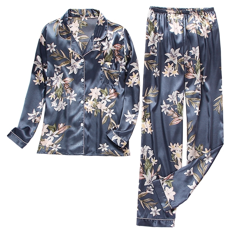 Women's Sleepwear Spring Summer pajama women Silk Satin pajamas set Long sleeve Shirt with Trouser Sleepwear Loungewear Female Pyjamas Suits Muje
