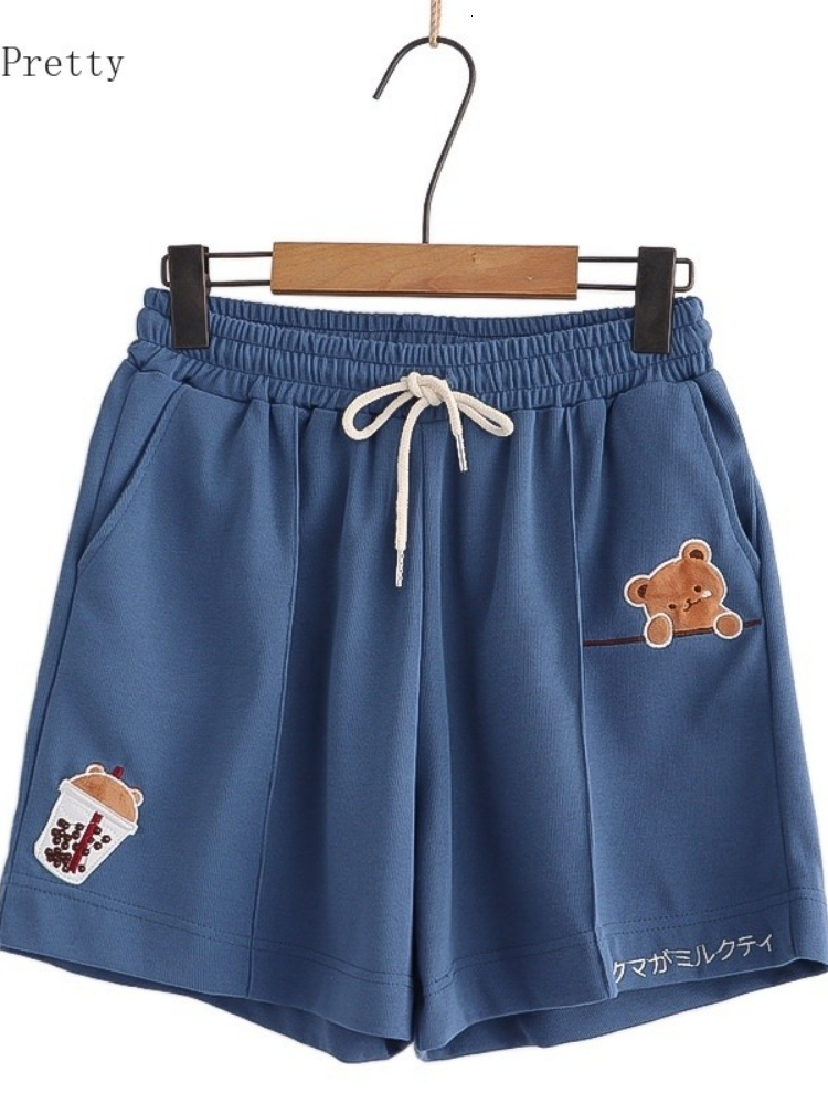 Women's Shorts Cartoon Bear Embroidery Cotton Shorts Women Summer Clothing Sweet Style Kawaii Girls Cute Short Pants Drawstring Bottoms 230515