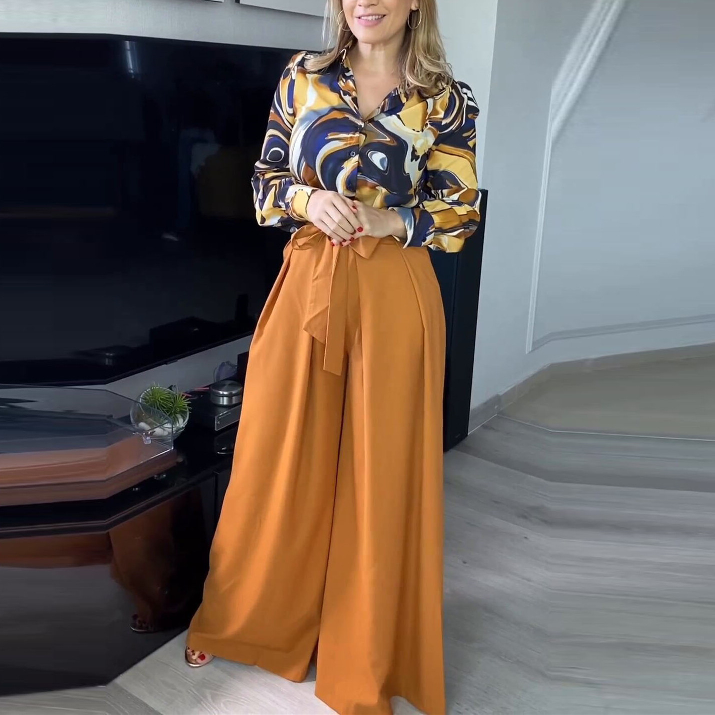 Women's Two Piece Pants Women Two Piece Pants Sets Long Sleeve Lapel Button Top Loose Wide Legs Printing Trousers Ladies Elegant Streetwear Summe