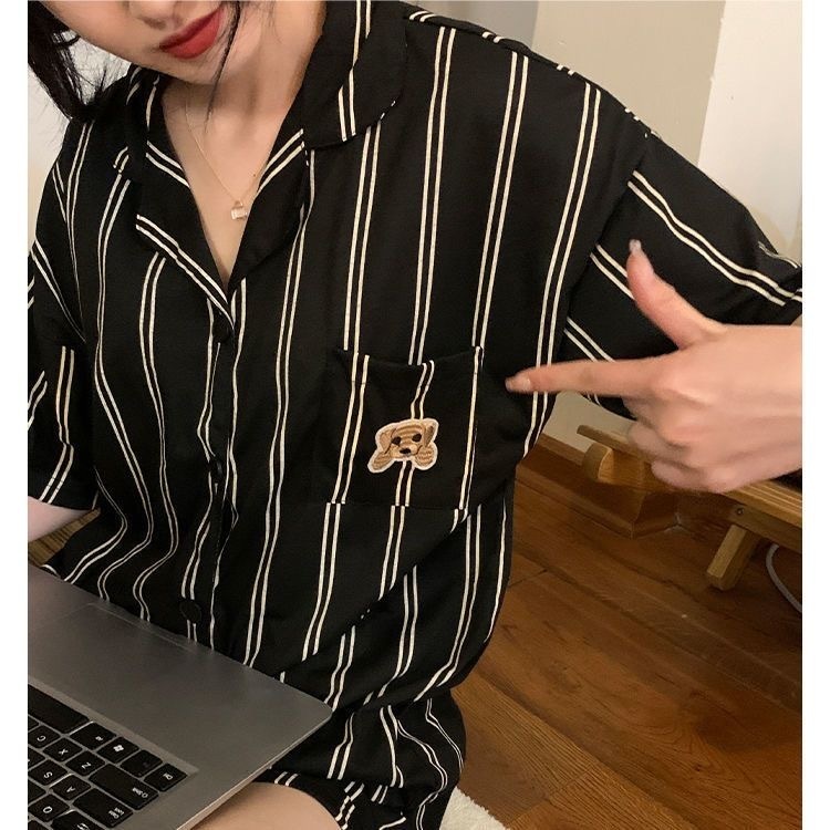 Women's Sleepwear Pijama Summer Nightwear Female Short Sleeve ins cartoon cute bear pocket print Student Korean cardigan home suit 230515