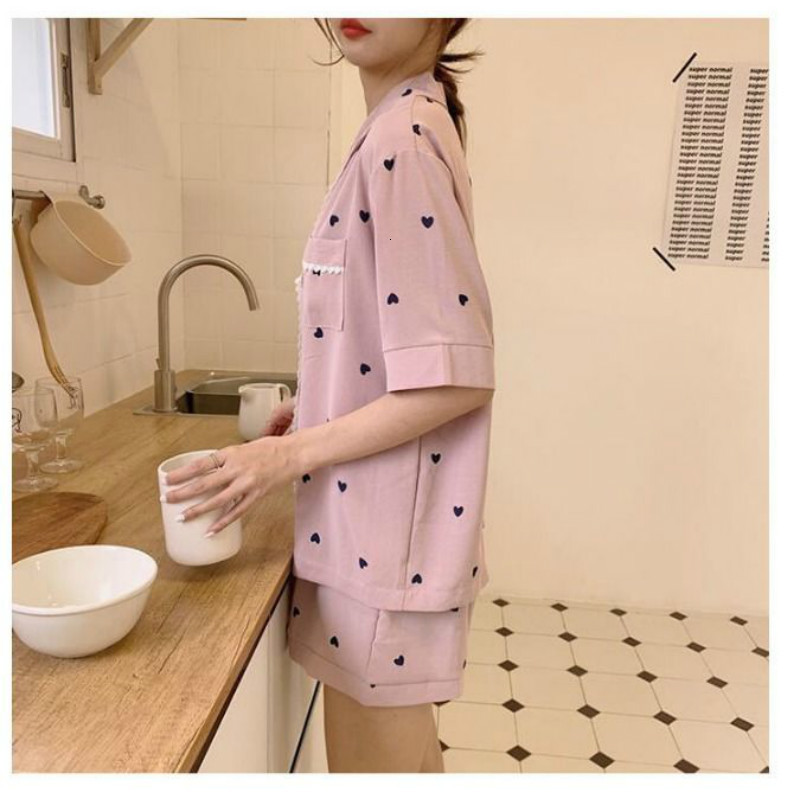 Women's Sleepwear QWEEK Pajamas for Women Home Clothes Pijamas Ladies Heart Print Nightie Lounge Wear Sexy Sleepwear Two Piece Set Pyjamas Summer