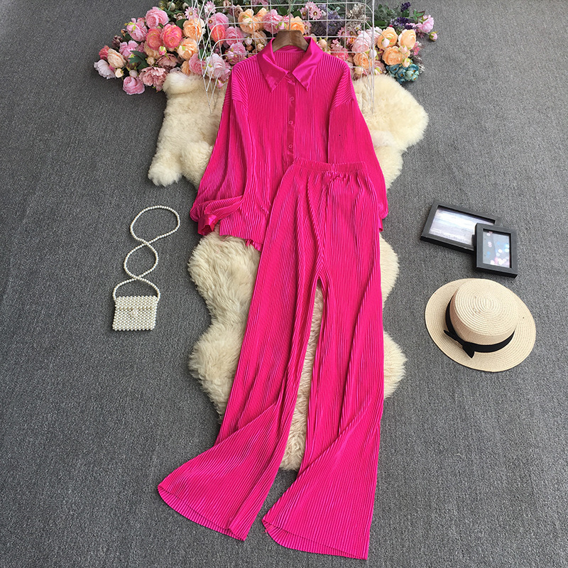 Women's Two Piece Pants Casual Women Elegant Pleated Two Piece Set Long Sleeve Shirt And Wide Leg Pant Suits Loose Office Lady Outfits Autumn