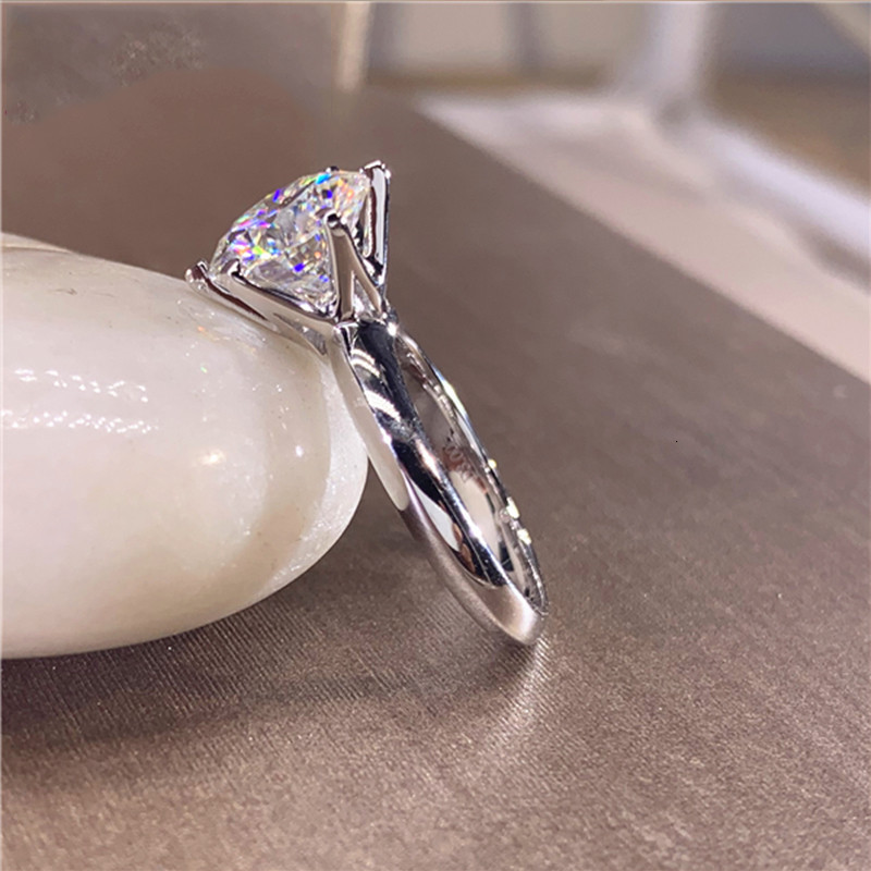 Solitaire Ring Classic 6 Prongs 5 Round Molten Silica Ring in Pure Silver Plated with 14K Gold High Definition DColor Diamond Ring Women's Jewelr