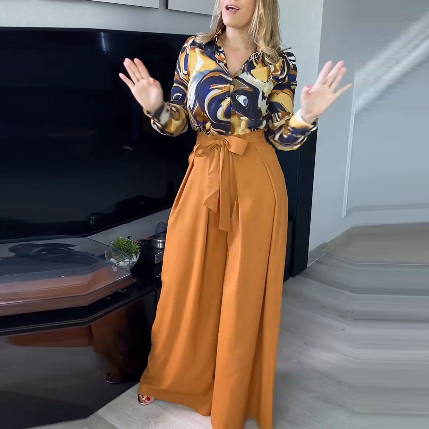 Women's Two Piece Pants Women Two Piece Pants Sets Long Sleeve Lapel Button Top Loose Wide Legs Printing Trousers Ladies Elegant Streetwear Summe