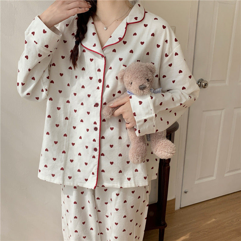 Women's Sleepwear Pajamas for Women Korean Heart Print Autumn Sleepwear Kawaii Pijamas 2 Piece Female Set Suit Whit Pants Pyjamas Loungewear