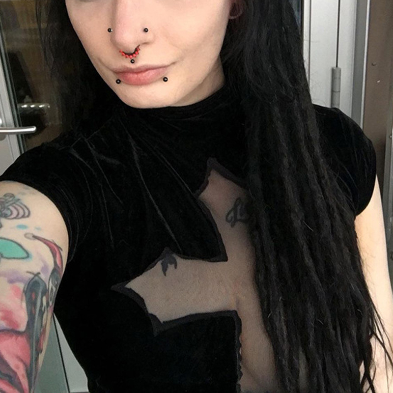 Women's T-Shirt Goth Dark Cross Sheer Mall Gothic Women T-shirts Grunge Aesthetic Punk Sexy Emo Black Top Streetwear Fashion Alternative Clothes 
