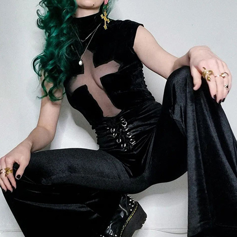 Women's T-Shirt Goth Dark Cross Sheer Mall Gothic Women T-shirts Grunge Aesthetic Punk Sexy Emo Black Top Streetwear Fashion Alternative Clothes 