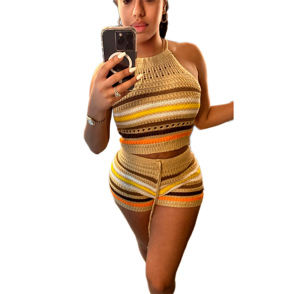 Women's Knitted | Striped Vintage High Waist Casual Mini Shorts For Ladies