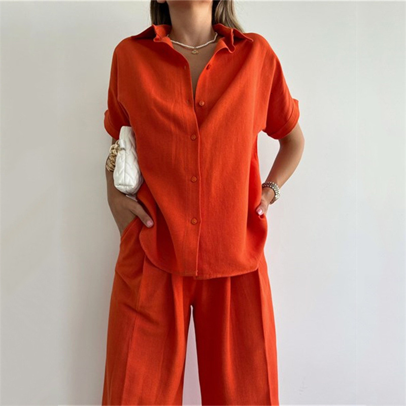 Women's Two Piece Pants Cotton Linen Women Elegant Two Piece Set Loose Short Sleeve Blouses and High Waist Wide Leg Pants Suit Female Casual Outf