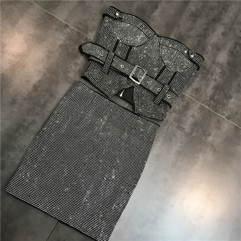 Two Piece Dress PREPOMP Sleeveless Strapless Diamonds Black Slim Tank Top Vest Short Bodycon Skirt Belt Set Outfits GH708 230512