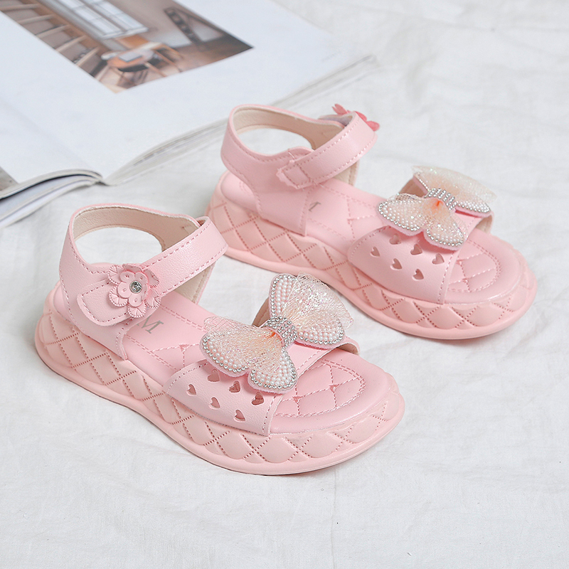 Sandals Kids Sandals For Girls Princess Summer Bowtie Platform Flats Children Baby Shoes Beige Pink Soft Footwear 230515