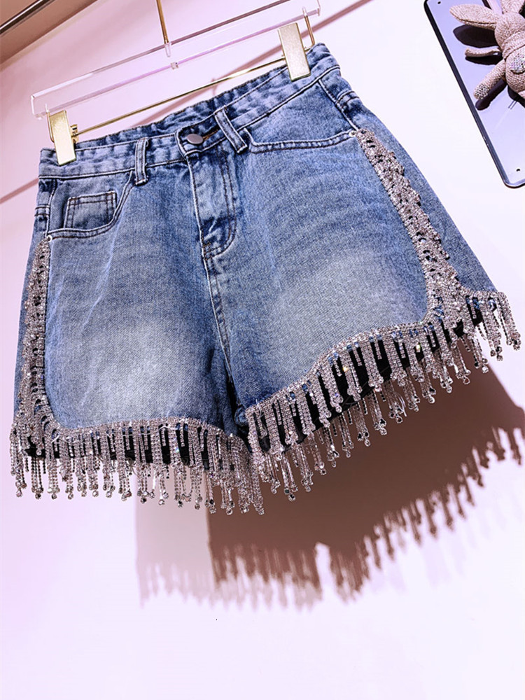Women's Shorts High End Fringed High Waist Denim Shorts Flash Wimen's High-end Diamond Tassel Short Jeans Pants 230515