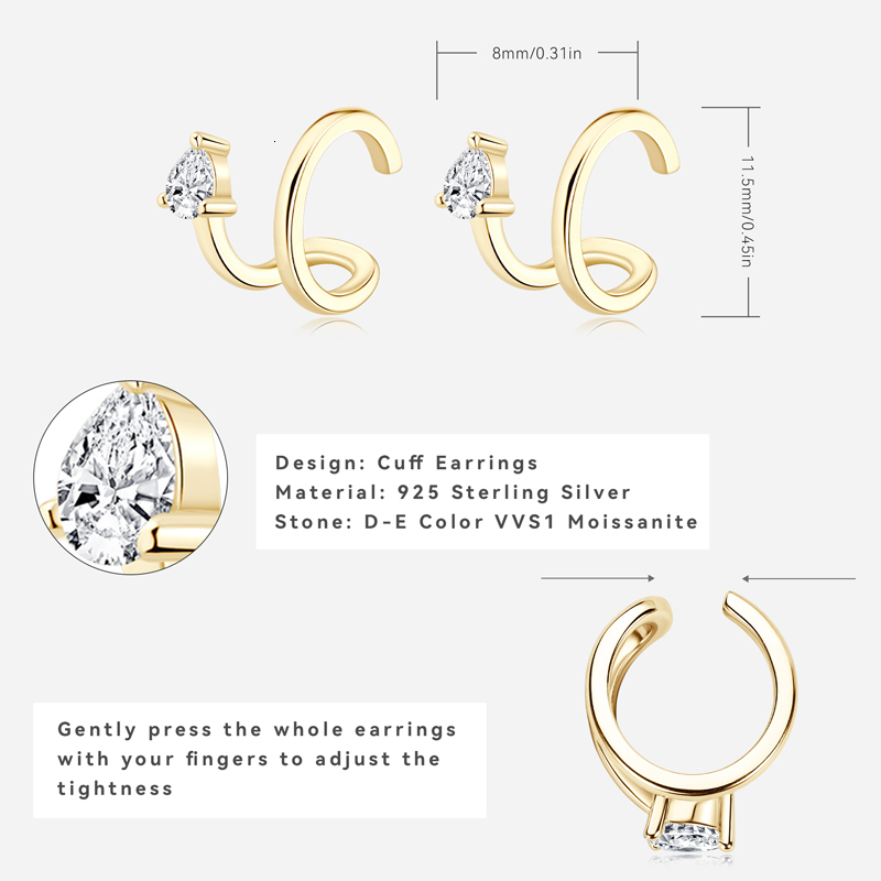 Ear Cuff IOGOU Women's Cuff Earrings 925 Sterling Silver 0.6cttw Pear Cut D Silicone Earclip Earrings Accessories Exquisite Jewelry Gift 230512