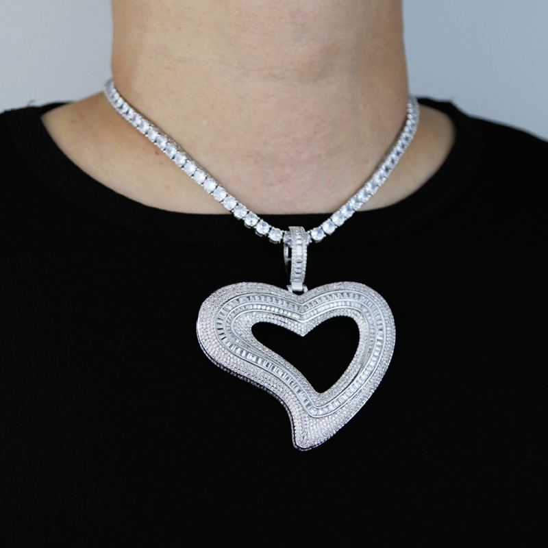 Pendant Necklaces Ice Out Large Hollow Heart shaped Pendant Necklace Sparkling Rectangular CZ Cubic Zirconia Tennis Chain Charming Women's Hip Ho