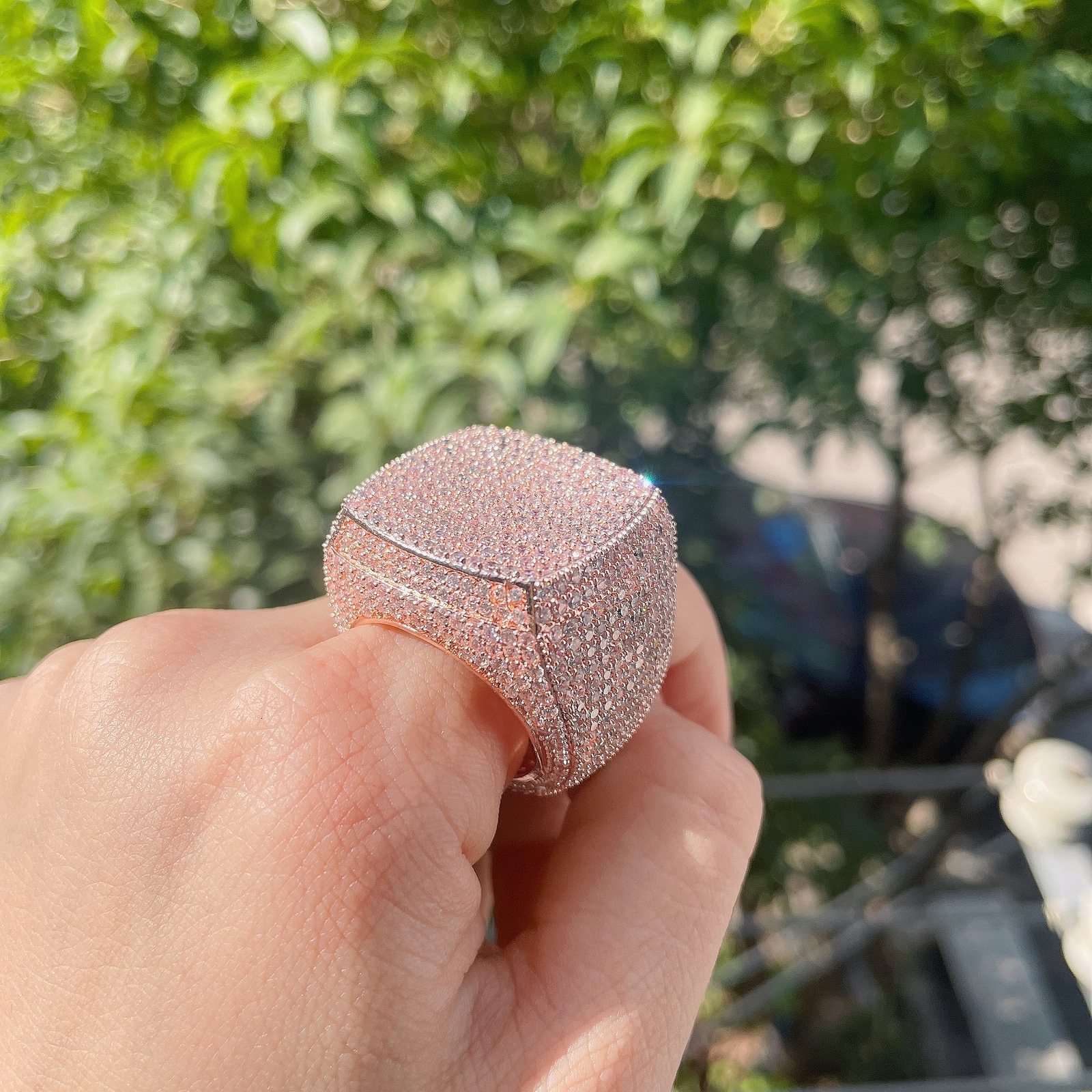 With Side Stones Iced Out Ring for Men Real Gold Plated Prong Setting Copper CZ Stones Hip Hop Fashion Jewelry Trend 13 16 31 230512