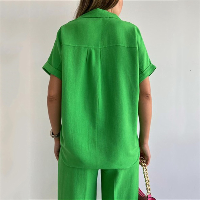 Women's Two Piece Pants Cotton Linen Women Elegant Two Piece Set Loose Short Sleeve Blouses and High Waist Wide Leg Pants Suit Female Casual Outf