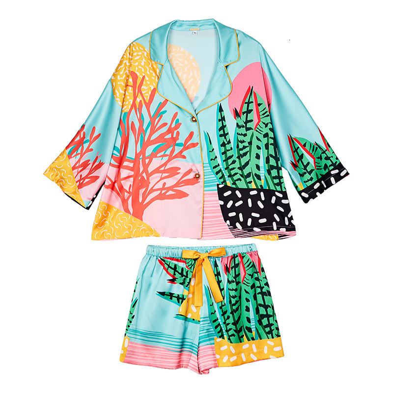 Women's Sleepwear Women Pajama Set Hand Drawn Art Tropical Plants Pyjama Set Silk Like Nightwear Shorts Home Wear Clothes Sleepwear Homewear 2305