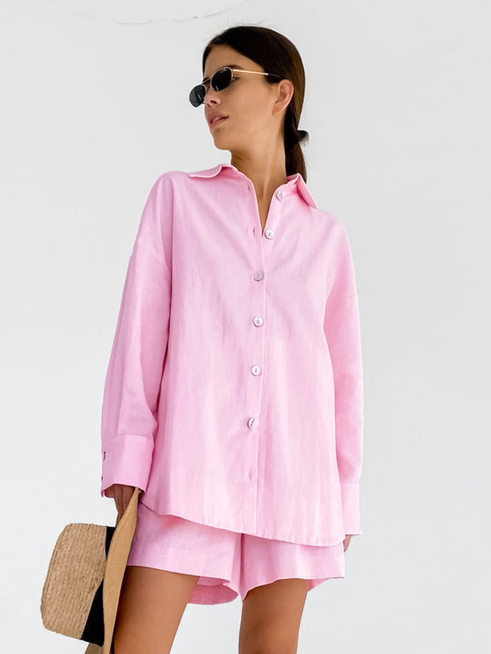 Women's Sleepwear Linad Loose Women's Home Clothes 2 Piece Sets Pink Long Sleeve Sleepwear Female Casual Suits With Shorts Spring Solid 2305