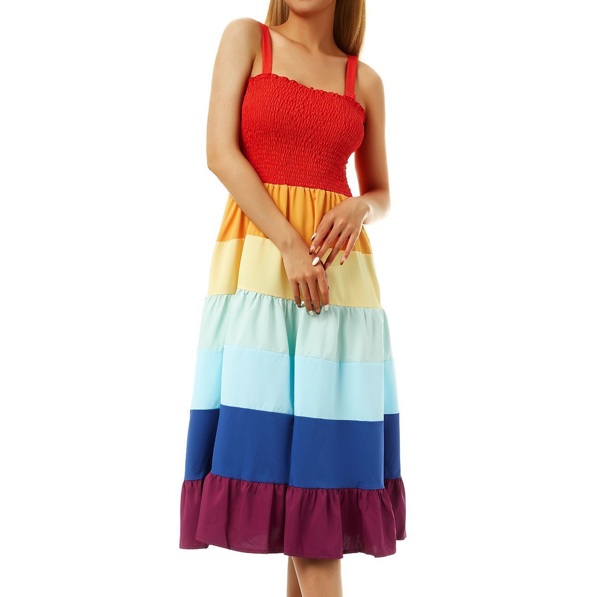 Family Matching Outfits Mother and Daughter Dress Rainbow Stripe Sleeveless Aline Casual Mommy Me Summer Clothes 230512