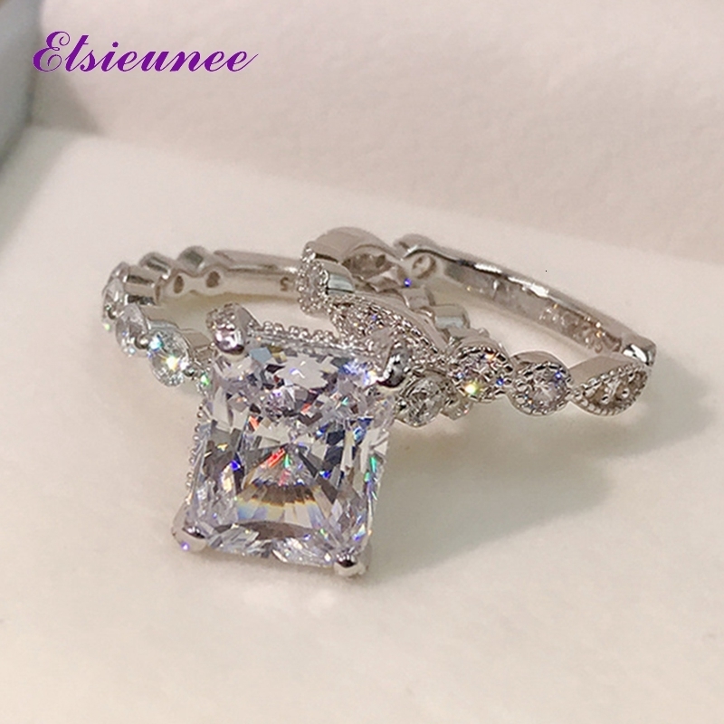 With Side Stones ELSIEUNEE Classic 100% 925 Sterling Silver Simulated Diamond Wedding Engagement Bridal Ring Sets Fine Jewelry Gifts 230512