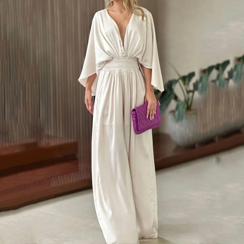 Women's Two Piece Pants LIYONG Women Jumpsuit Sexy V Neck Solid Color Bat Long Sleeve Nipped Waist Loose Wide Legs Casual Pants Romper High Stree