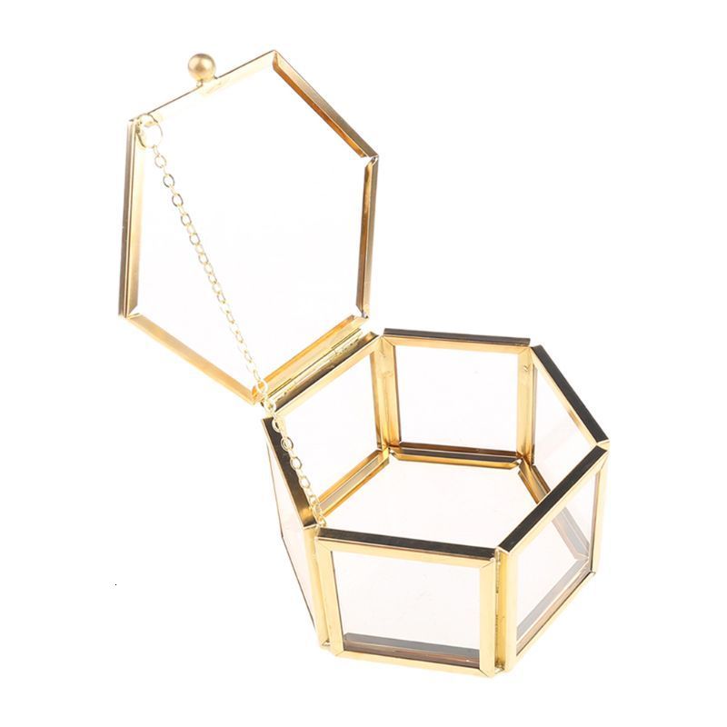 Jewelry Boxes Glass Clear Vintage Jewelry Box Golden Geometric Jewelry Display Organizer 230512