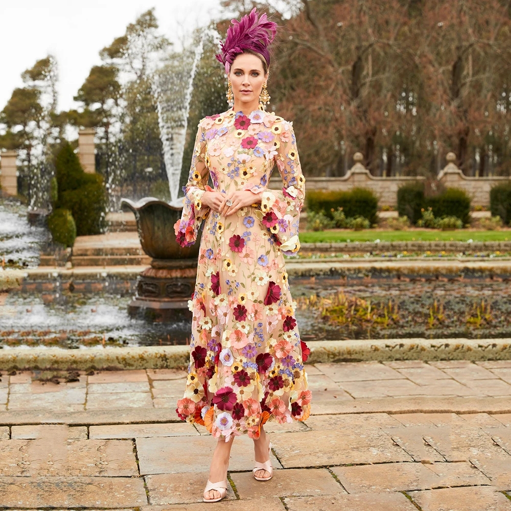 3D Floral Mother of Bride Dresses Tea Length Flowers Wedding Guest Gown with 3/4 Sleeve Mother's Party occasion gown Wear
