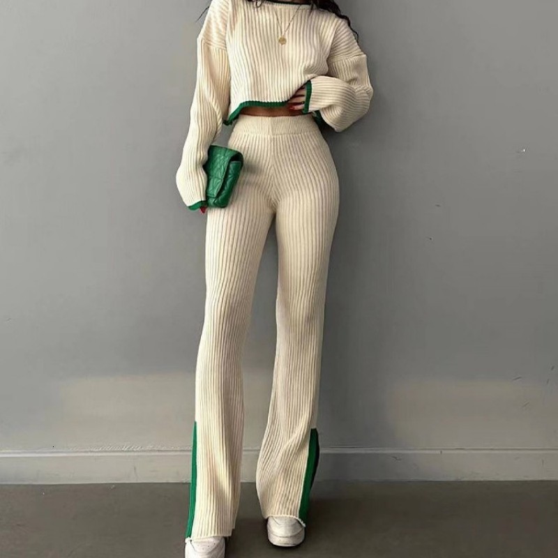 Women's Two Piece Pants Women's Casual Spliced Side Split Pants Set Knitted Two Piece Women's Spring Umbilical Sweater High Waist Women