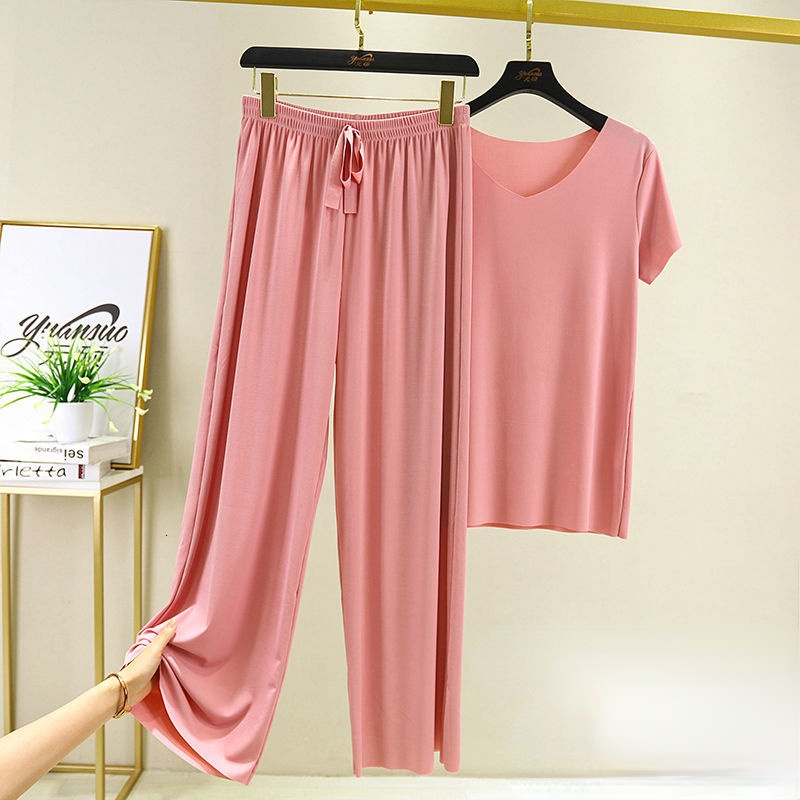 Women's Sleepwear Women's Ice Silk Pajamas Spring Summer Two Piece Sets V-neck Short Sleeve T-shirt Thin Home Clothes Wide Leg Pants Suit 23