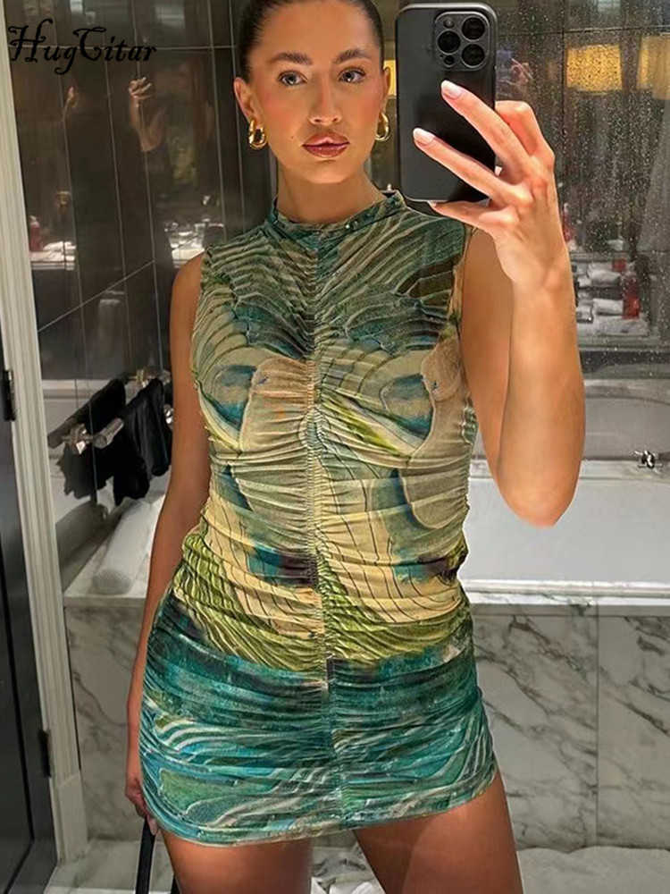 RUKAS Women Fashion Tie Dye Sleeveless Pleated Sexy Bodycon Slim Mini Dress 2023 Summer Y2K Outfit Streetwear Party Nightclub