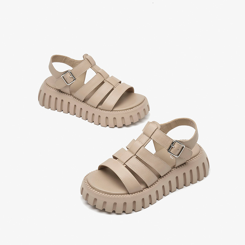 Sandals Sepatu Wanita Musim Panas Luar Ruangan Kasual Kulit Asli Tali Gesper Pergelangan Kaki Belakang Platform BeauToday 38201 230516